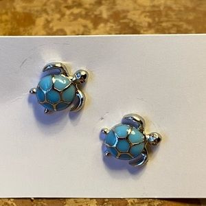 Sea Turtles Stud Silver Aqua Colored Earrings - Fashion Jewelry